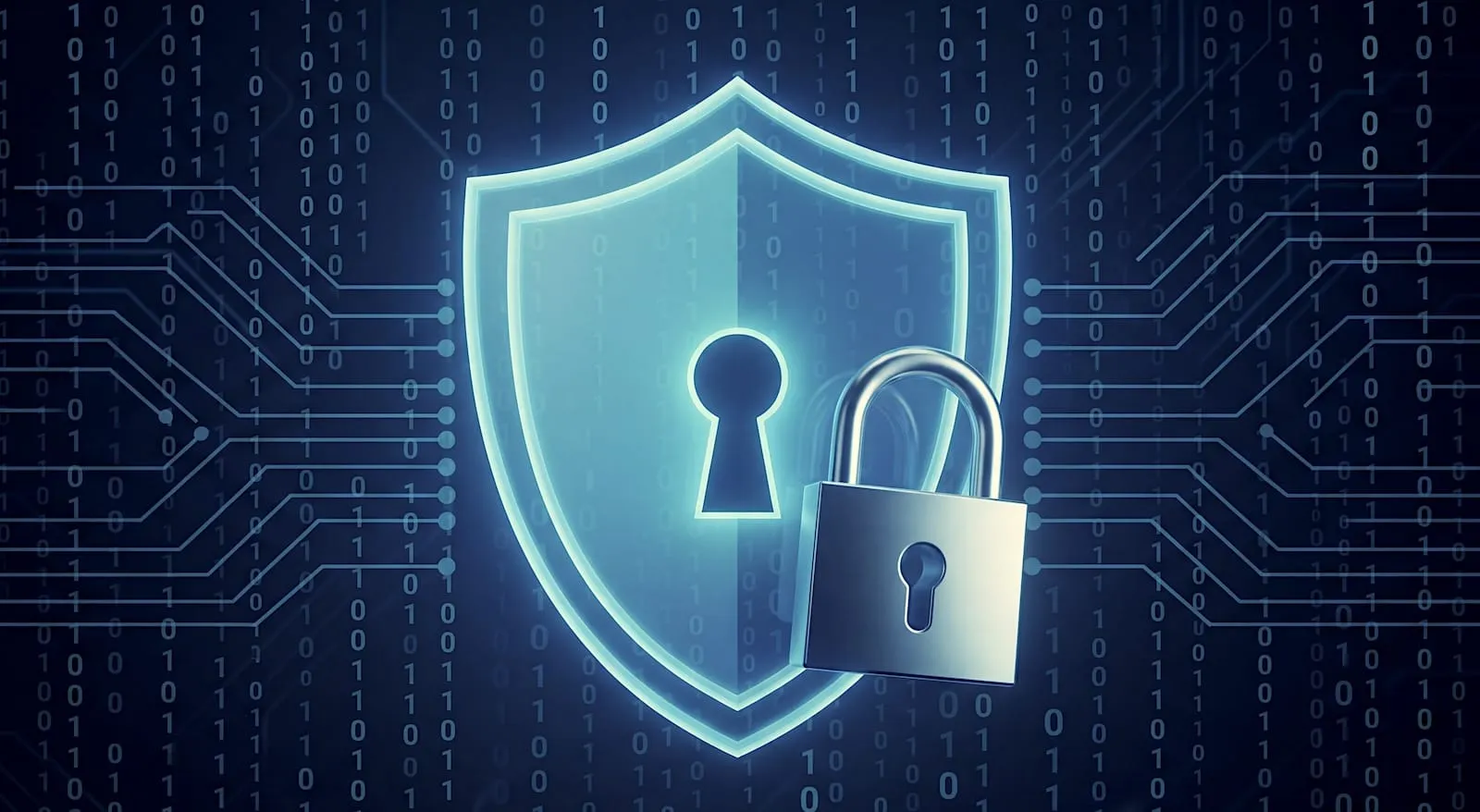 Shield and padlock on blue binary background