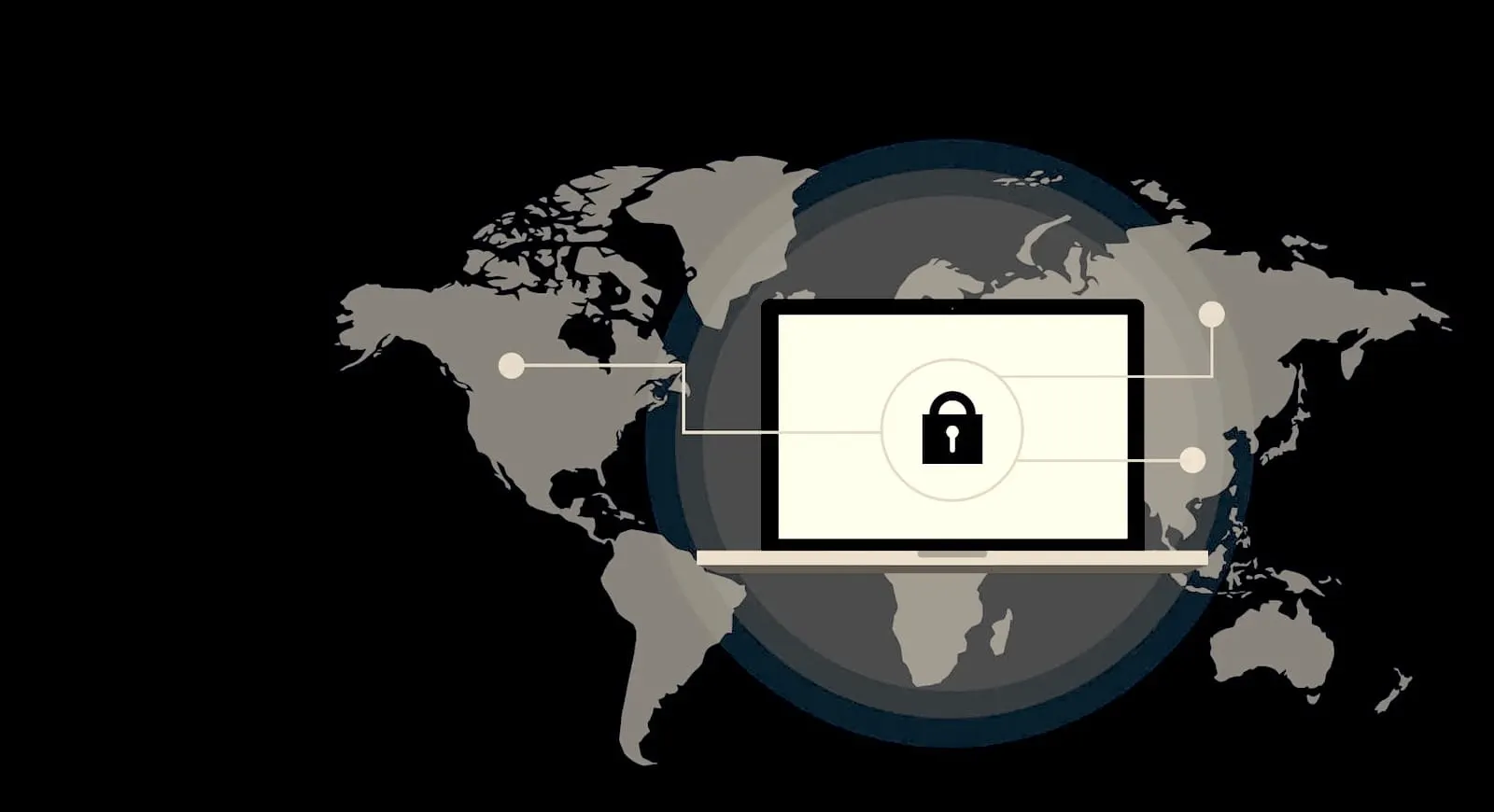 Laptop displaying padlock connected to points on globe