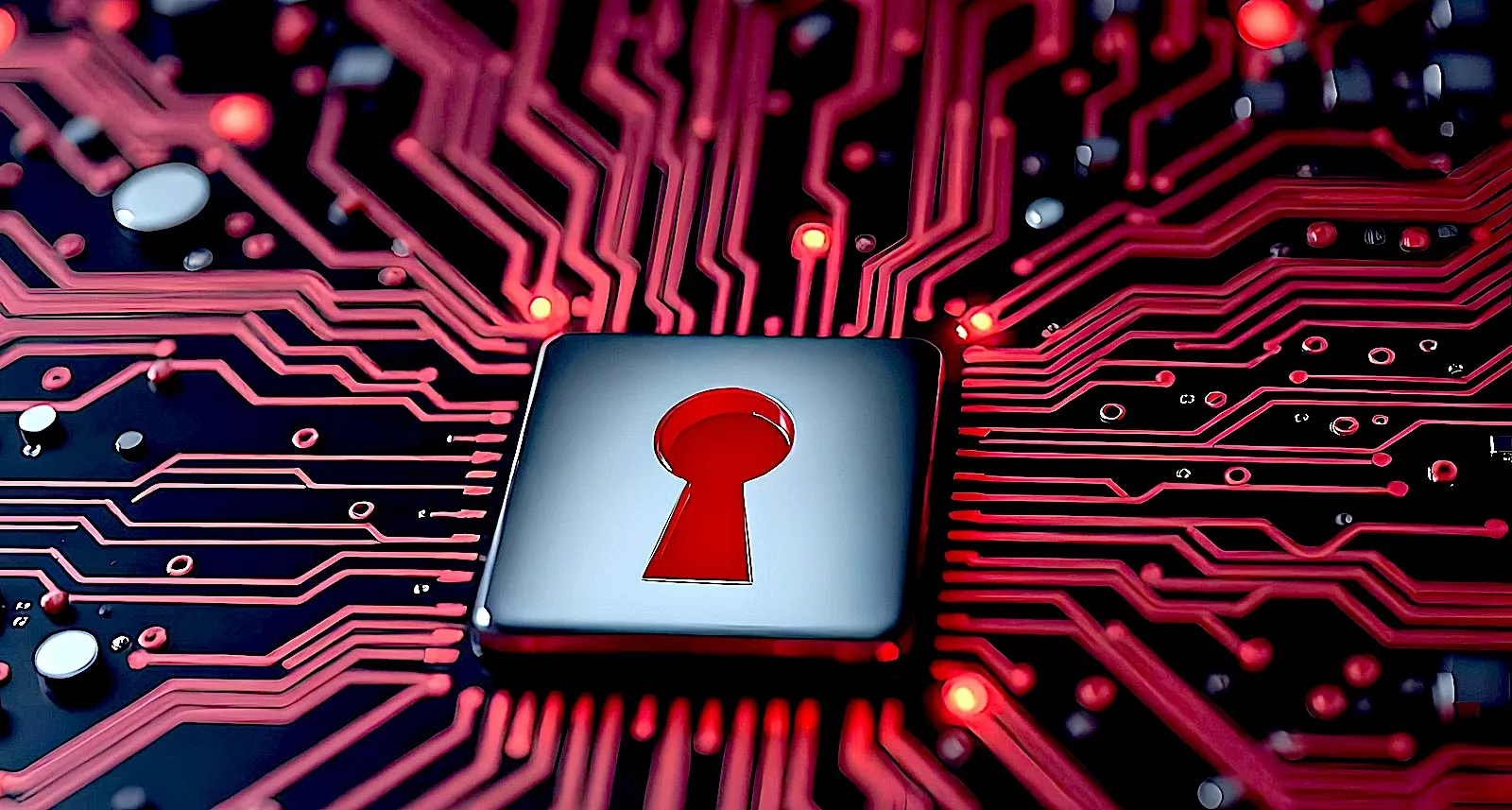 Silver square with red keyhole on red and black processor background