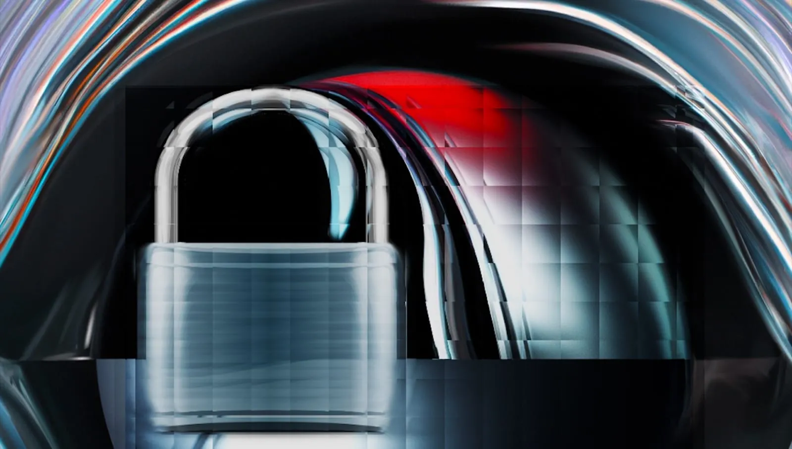 Silver padlock with silver and red arcs on black background