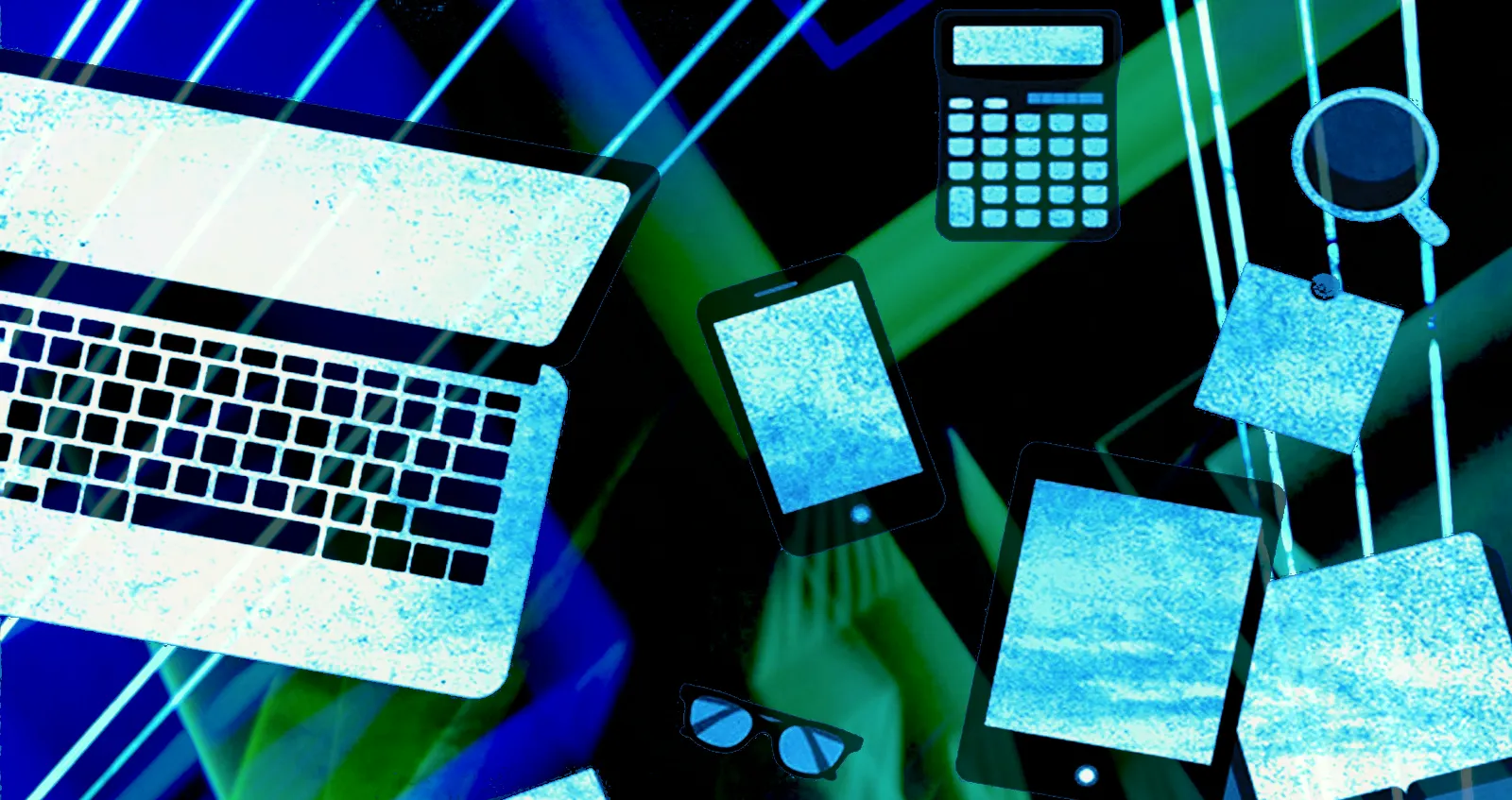 Laptop, phone, and other devices on blue and green background