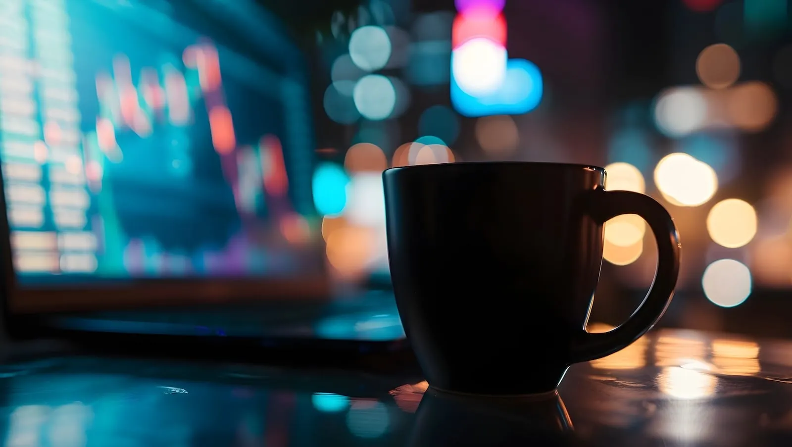 Black coffee cup and laptop with colorful lights in background