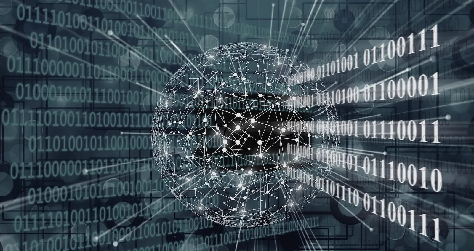 White binary code lines emerging from networked globe