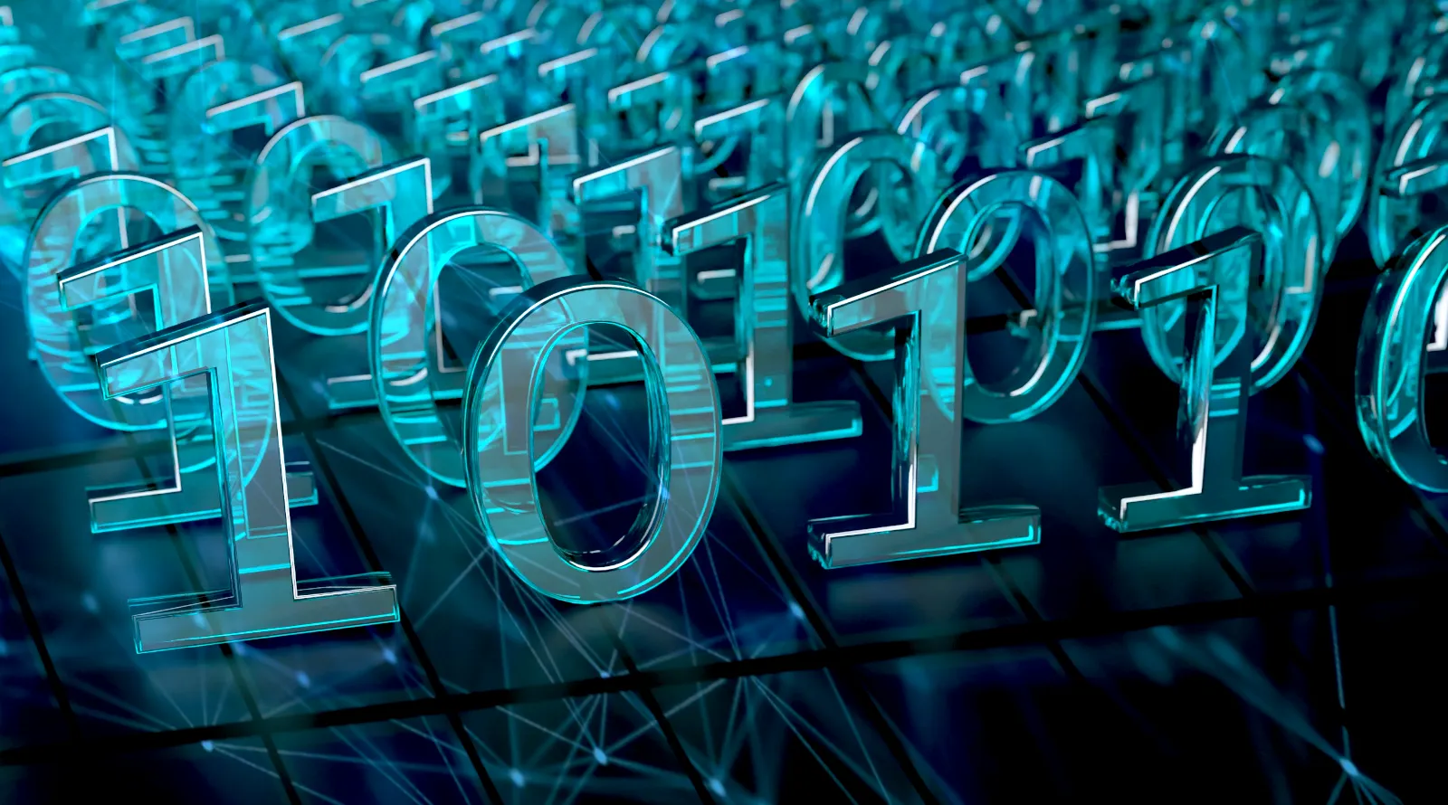 Rows of binary code on blue grid