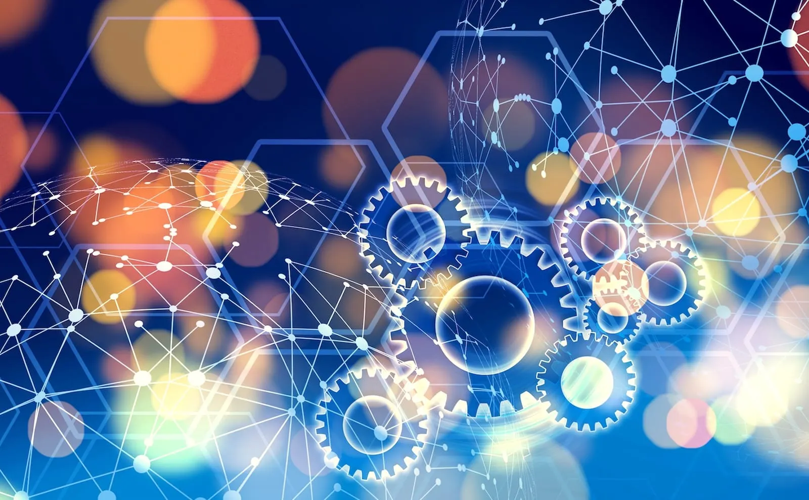 Gears and hexagons with orange and blue lights