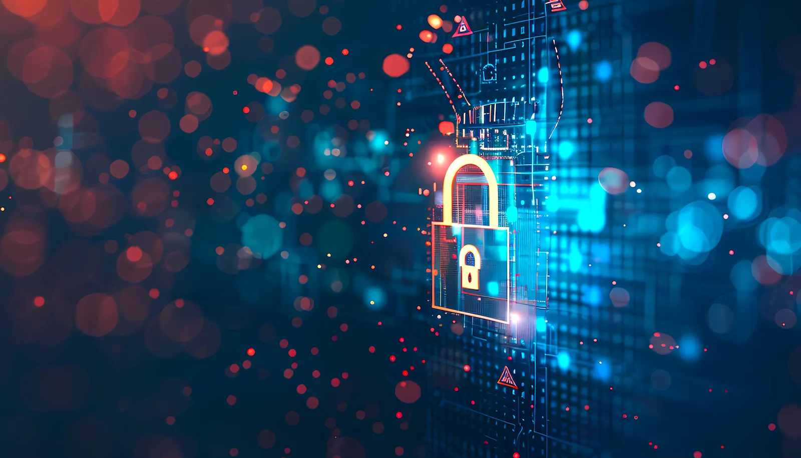 White padlock on field of red and blue lights