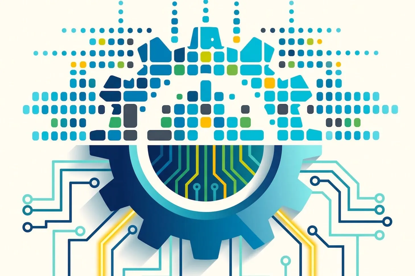 Blue gear with yellow network lines and squares