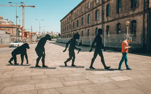 Man walking in front of evolution art installation