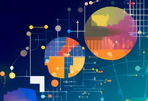 Colored circles with intersecting network lines on blue gradient background