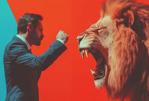 Business man trying to tame lion