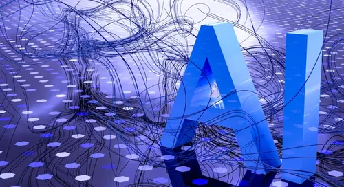 Blue AI letters and twisted black strands on purple hexagon background
