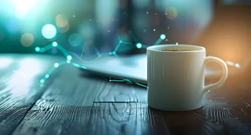 White coffee cup on table with blue light strands in the air
