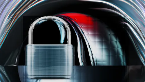 Silver padlock with silver and red arcs on black background