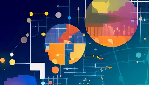 Orange and blue colored spheres and networked lines
