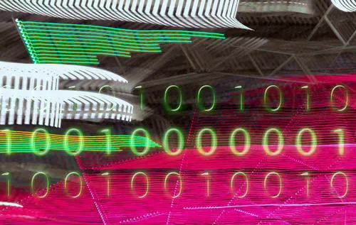 Green binary code on abstract green and pink background