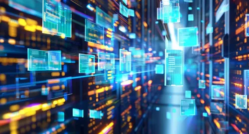Blue and yellow lights on server array with floating blue data files