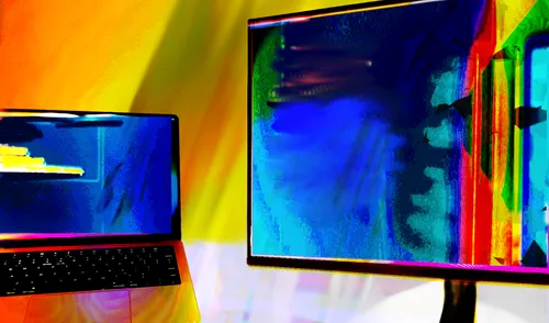 Desktop and laptop machines with abstract orange background