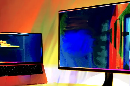 Desktop and laptop machines with abstract orange background