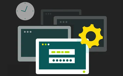 Computer screens with clock and yellow gear