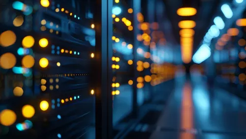 Row of servers with blue and orange lights