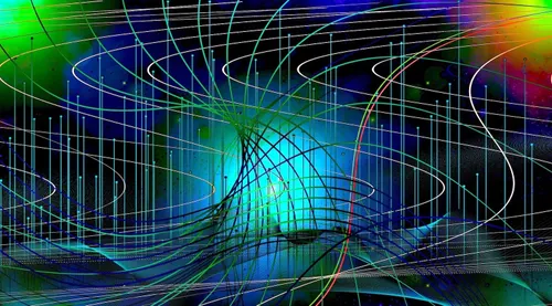 Curving pathways on blue and green background