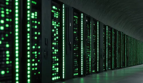 Black supercomputer installation with green lights