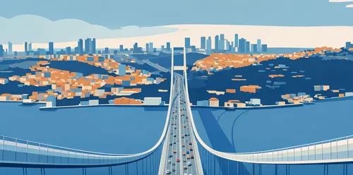 Abstract aerial view of bridge structure leading to city