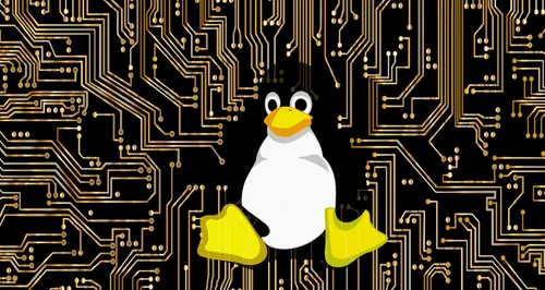 Tux the penguin on a processor background