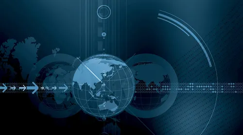 Dark blue globe with circles and arrows