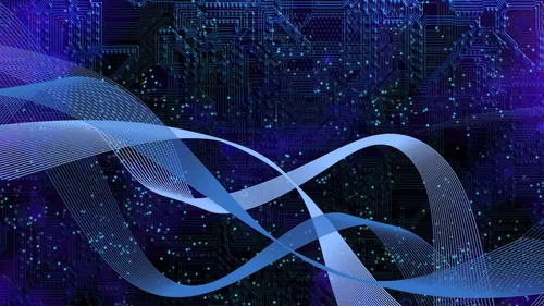 Blue ribbon-like strands on dark blue background