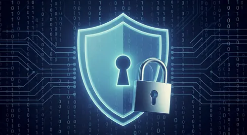 Shield and padlock on blue binary background