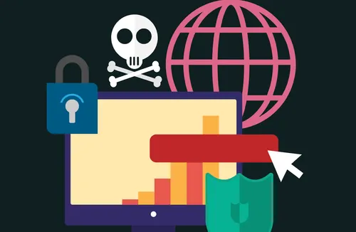 Computer display surrounded by skull, padlock, globe, and shield