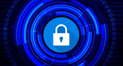 White padlock surrounded by blue concentric circles