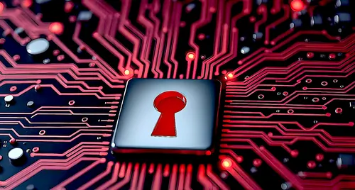 Silver square with red keyhole on red and black processor background