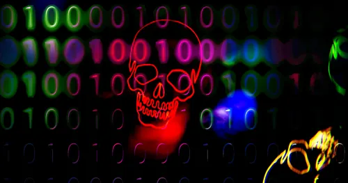 Red skull on colorful binary background