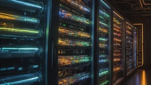 Racks of servers with blue and orange lights.
