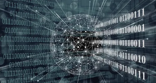 White binary code lines emerging from networked globe