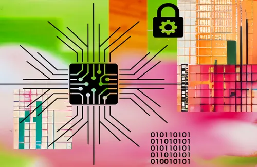 Network and padlock icons on pink and green background
