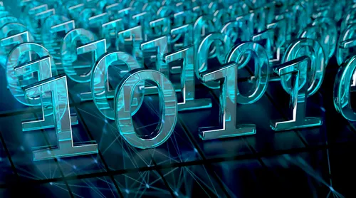 Rows of binary code on blue grid