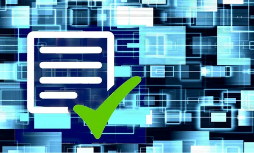 Green checkmark over blue networked squares