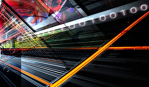 Abstract colorful grid lines with white binary code
