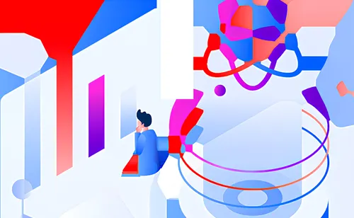 Abstract database and graph with thinking figure