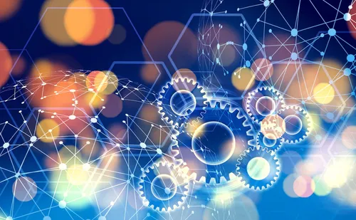 Gears and hexagons over orange and blue lights