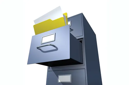 Illustration of file cabinet with folder sticking up