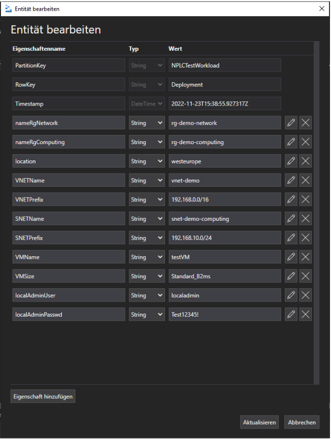 bicep parameters in a table storage enitity