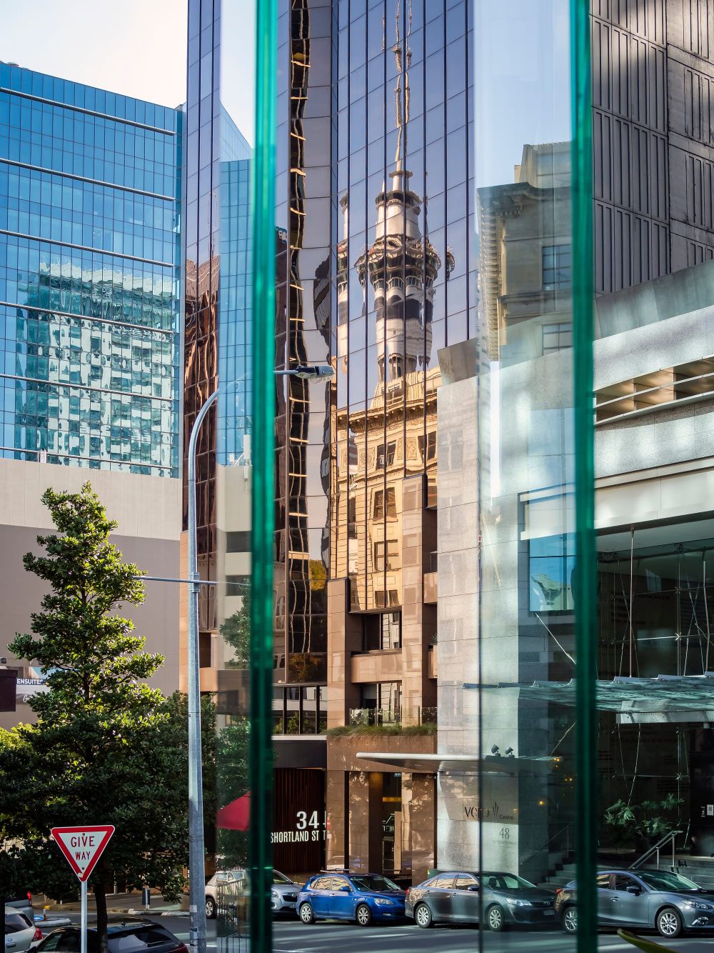 Auckland city sky tower building reflections post image