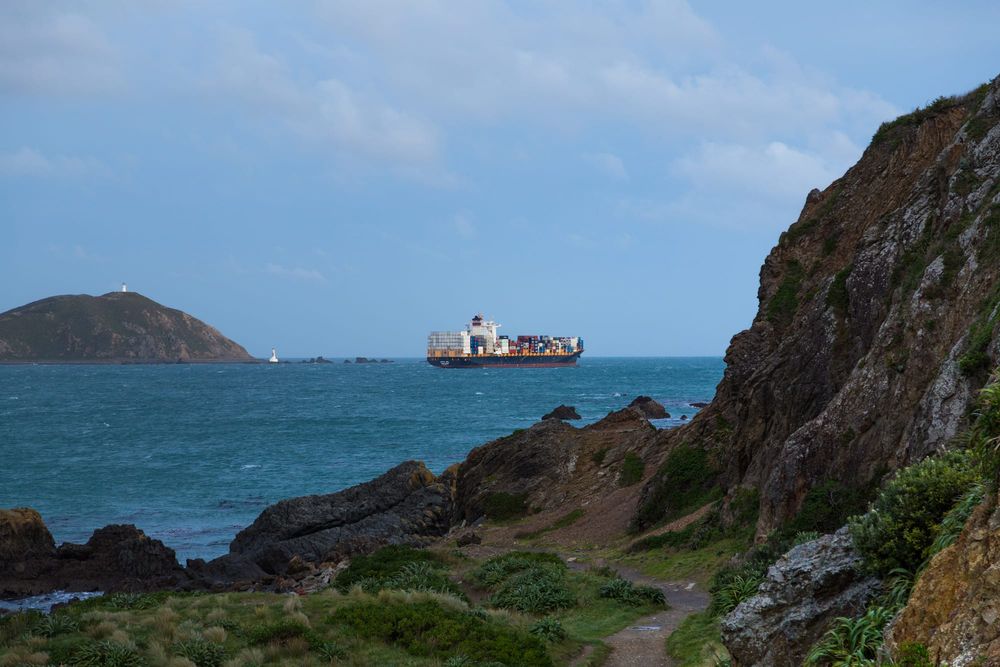 Cargo ship passing rugged coast post image