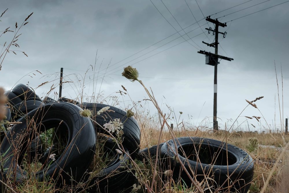 Discarded tyres in a grassy field post image