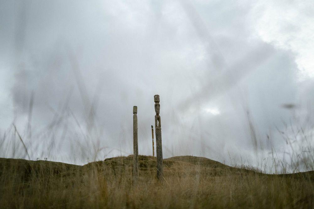 Three pouwhenua in windswept grass at Ōtātara Pā post image