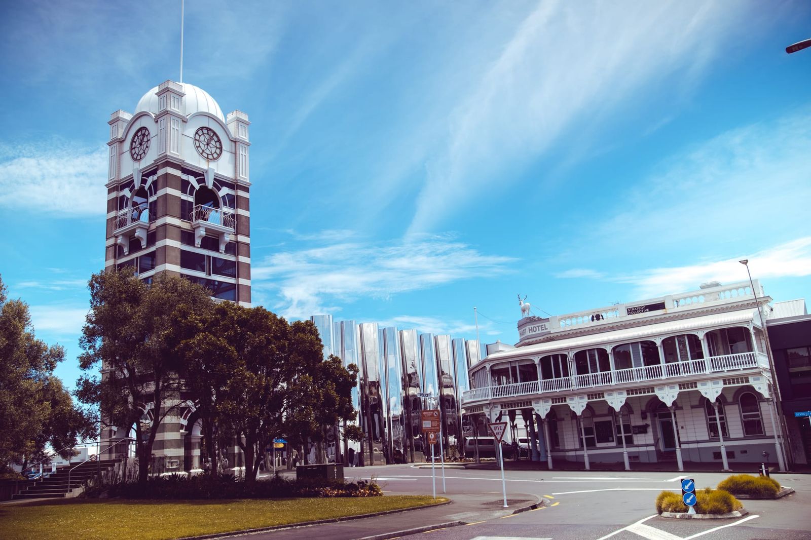 Clock tower, modern and traditional architecture